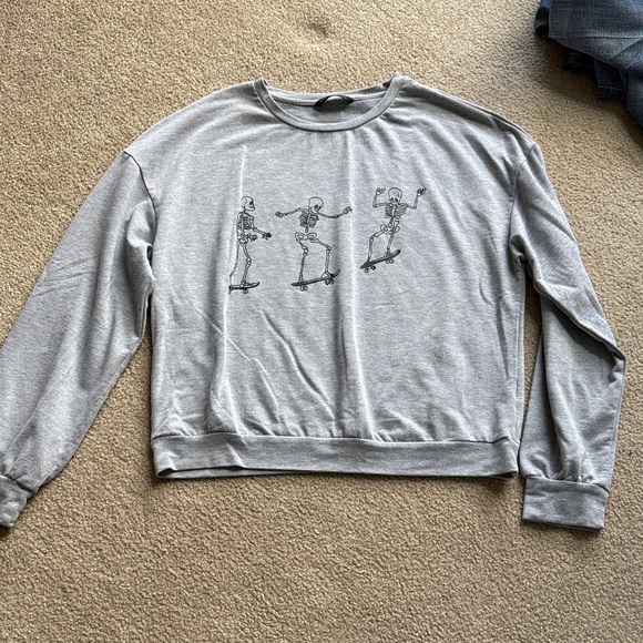 Gray Skeleton Print Light Crewneck Sweatshirt - Picture 1 of 7